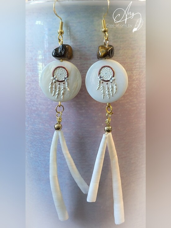 Native American Jewelry - Native American White Dreamcatcher Dentalium Shell Drop Dentalium Earrings